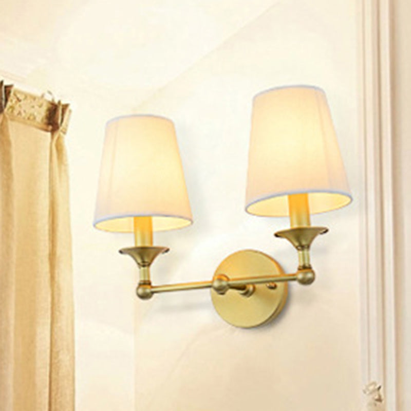 Traditional Cone Wall Lamp 1/2-Bulb Fabric Wall Mounted Light Fixture in Antiqued Gold 2.0 Gold Clearhalo 'Wall Lamps & Sconces' 'Wall Lights' Lighting' 1982825