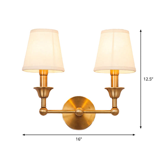 Traditional Cone Wall Lamp 1/2-Bulb Fabric Wall Mounted Light Fixture in Antiqued Gold Clearhalo 'Wall Lamps & Sconces' 'Wall Lights' Lighting' 1982828