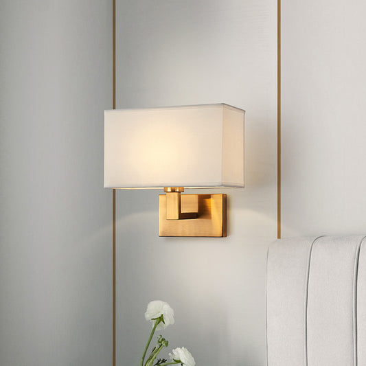 Postmodern Cuboid Sconce Lamp Fabric 1-Light Bedside Reading Wall Light in White/Beige/Brown with Black/Gold Arm Clearhalo 'Cast Iron' 'Glass' 'Industrial' 'Modern wall lights' 'Modern' 'Tiffany' 'Traditional wall lights' 'Wall Lamps & Sconces' 'Wall Lights' Lighting' 1982883