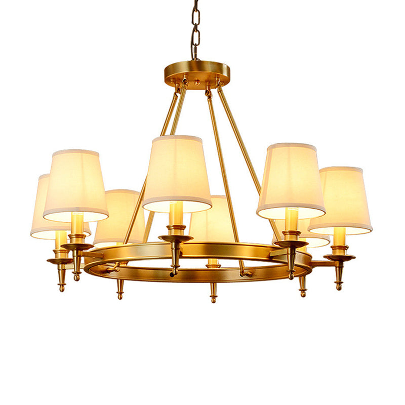 Gold Finish 3/6/8-Light Hanging Lamp Antiqued Fabric Cone Shade Chandelier Light Fixture Clearhalo 'Ceiling Lights' 'Chandeliers' Lighting' options 1982916