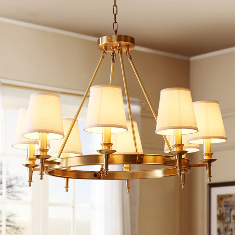 Gold Finish 3/6/8-Light Hanging Lamp Antiqued Fabric Cone Shade Chandelier Light Fixture Clearhalo 'Ceiling Lights' 'Chandeliers' Lighting' options 1982917