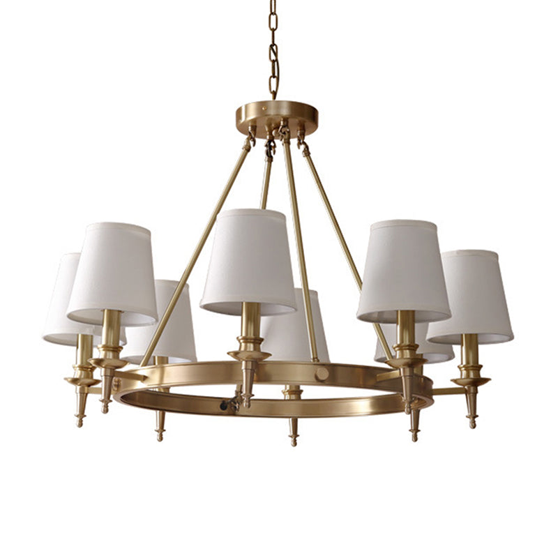 Gold Finish 3/6/8-Light Hanging Lamp Antiqued Fabric Cone Shade Chandelier Light Fixture Clearhalo 'Ceiling Lights' 'Chandeliers' Lighting' options 1982918