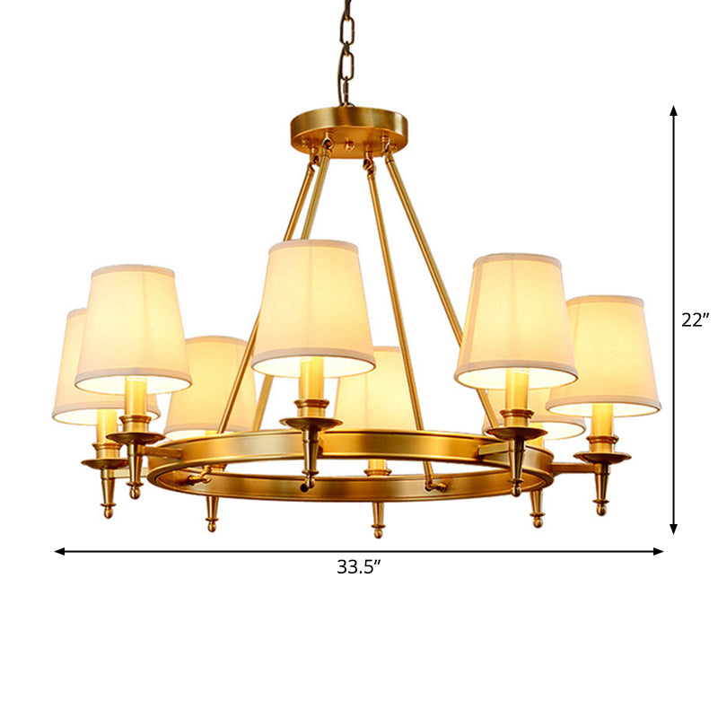 Gold Finish 3/6/8-Light Hanging Lamp Antiqued Fabric Cone Shade Chandelier Light Fixture Clearhalo 'Ceiling Lights' 'Chandeliers' Lighting' options 1982919