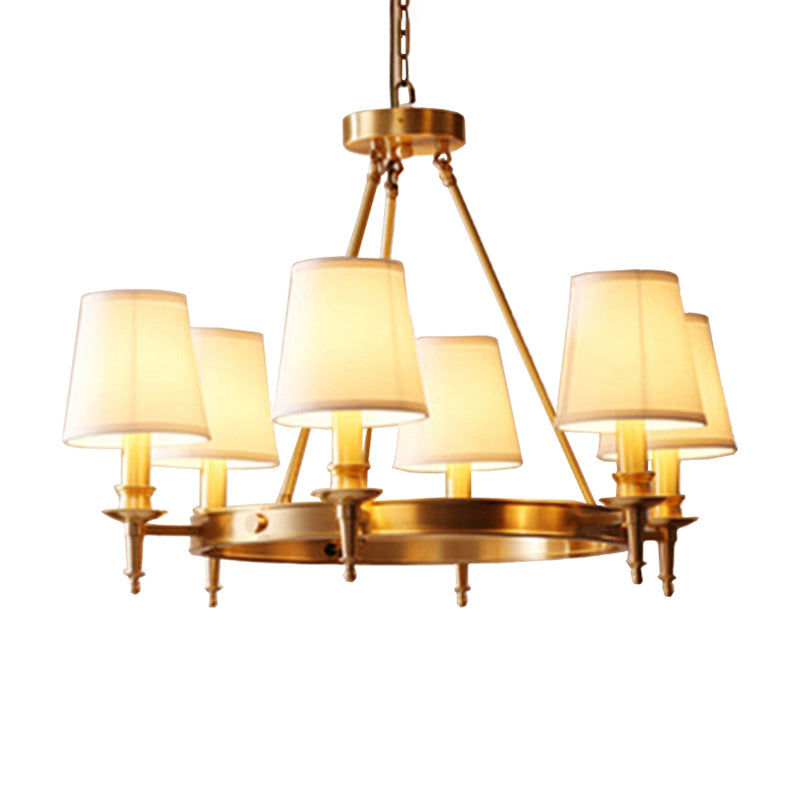 Gold Finish 3/6/8-Light Hanging Lamp Antiqued Fabric Cone Shade Chandelier Light Fixture 6 Gold Clearhalo 'Ceiling Lights' 'Chandeliers' Lighting' options 1982920_2cdf42ed-8713-4b23-b5e9-407ae7a22346