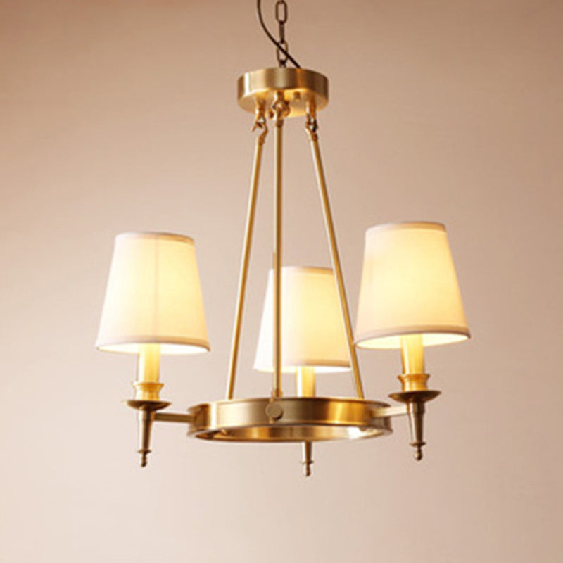 Gold Finish 3/6/8-Light Hanging Lamp Antiqued Fabric Cone Shade Chandelier Light Fixture Clearhalo 'Ceiling Lights' 'Chandeliers' Lighting' options 1982924