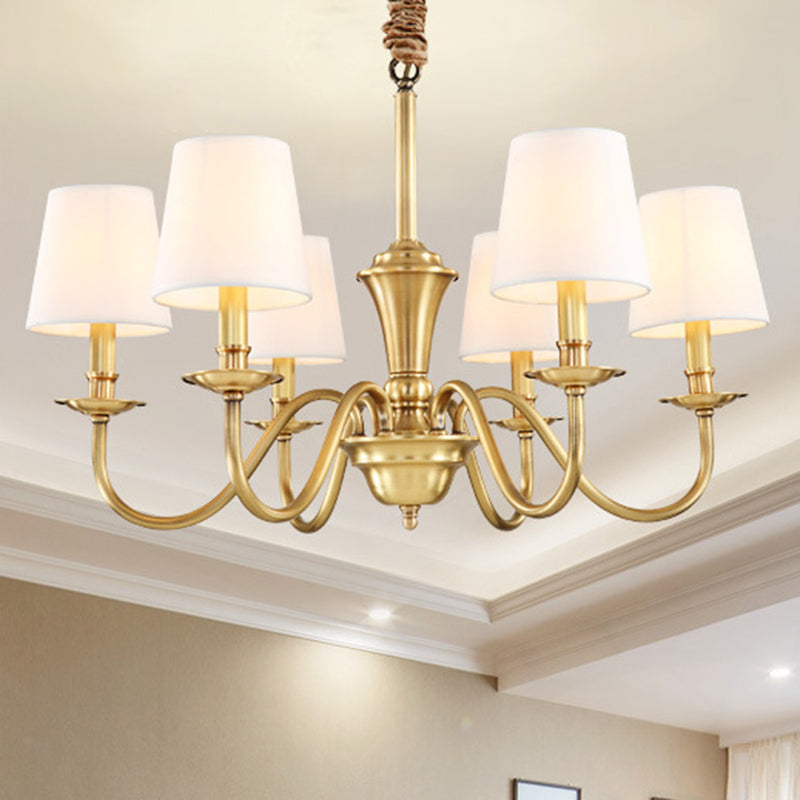 Gold 6/8-Light Hanging Chandelier Colonial Style Fabric Conical Suspension Pendant Light Clearhalo 'Ceiling Lights' 'Chandeliers' Lighting' options 1982944