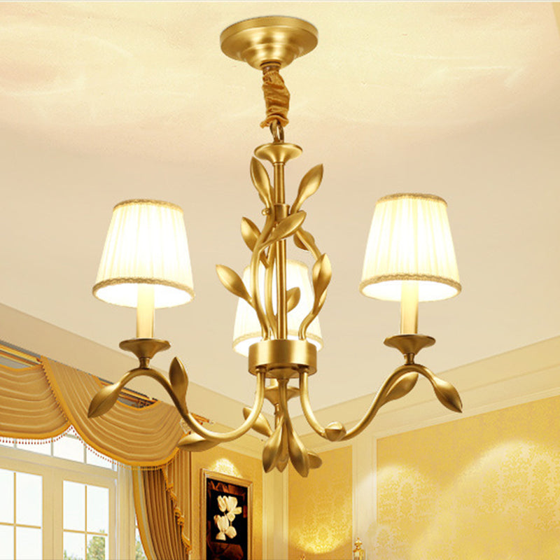 3-Head Wheat Chandelier Lighting Farmhouse Gold Metallic Ceiling Pendant with Conical Fabric Shade Clearhalo 'Ceiling Lights' 'Chandeliers' Lighting' options 1982949