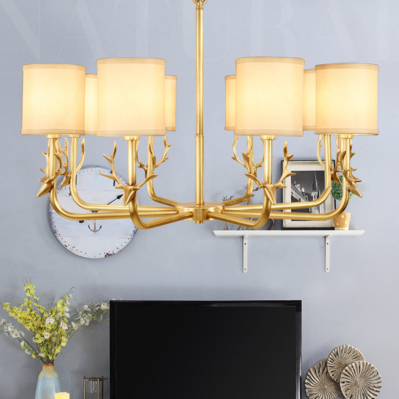 Rustic Antler Hanging Ceiling Light 3/6/8 Bulbs Metal Chandelier in Gold with Cylindrical Fabric Shade 8 Gold Clearhalo 'Ceiling Lights' 'Chandeliers' Lighting' options 1982952_5efcd5d5-4d46-48c2-91ca-260f053a83ab