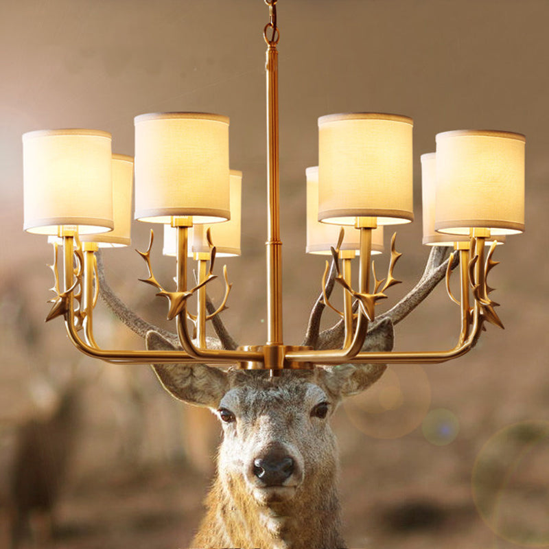 Rustic Antler Hanging Ceiling Light 3/6/8 Bulbs Metal Chandelier in Gold with Cylindrical Fabric Shade Clearhalo 'Ceiling Lights' 'Chandeliers' Lighting' options 1982953