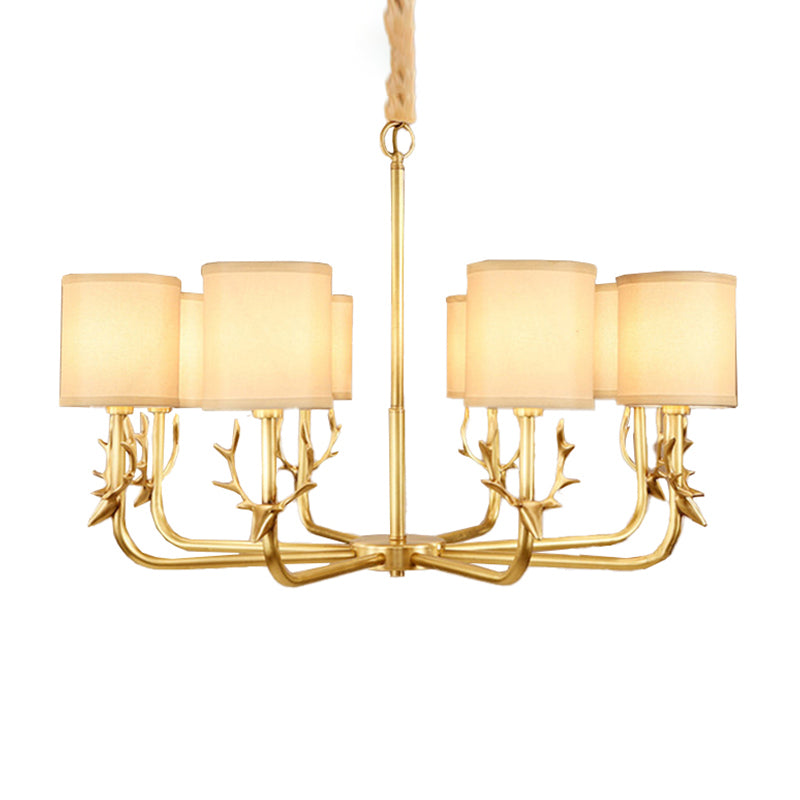 Rustic Antler Hanging Ceiling Light 3/6/8 Bulbs Metal Chandelier in Gold with Cylindrical Fabric Shade Clearhalo 'Ceiling Lights' 'Chandeliers' Lighting' options 1982954