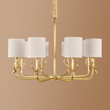 Rustic Antler Hanging Ceiling Light 3/6/8 Bulbs Metal Chandelier in Gold with Cylindrical Fabric Shade Clearhalo 'Ceiling Lights' 'Chandeliers' Lighting' options 1982955