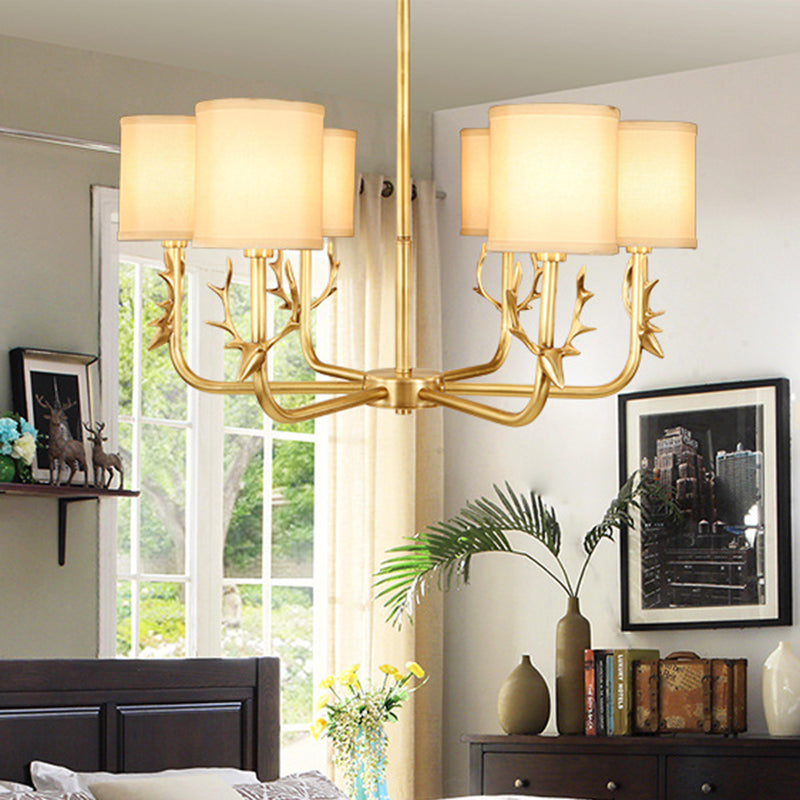 Rustic Antler Hanging Ceiling Light 3/6/8 Bulbs Metal Chandelier in Gold with Cylindrical Fabric Shade Clearhalo 'Ceiling Lights' 'Chandeliers' Lighting' options 1982957