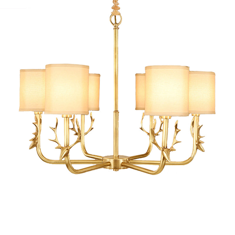 Rustic Antler Hanging Ceiling Light 3/6/8 Bulbs Metal Chandelier in Gold with Cylindrical Fabric Shade Clearhalo 'Ceiling Lights' 'Chandeliers' Lighting' options 1982958