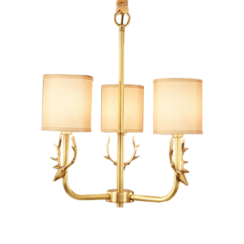 Rustic Antler Hanging Ceiling Light 3/6/8 Bulbs Metal Chandelier in Gold with Cylindrical Fabric Shade Clearhalo 'Ceiling Lights' 'Chandeliers' Lighting' options 1982962