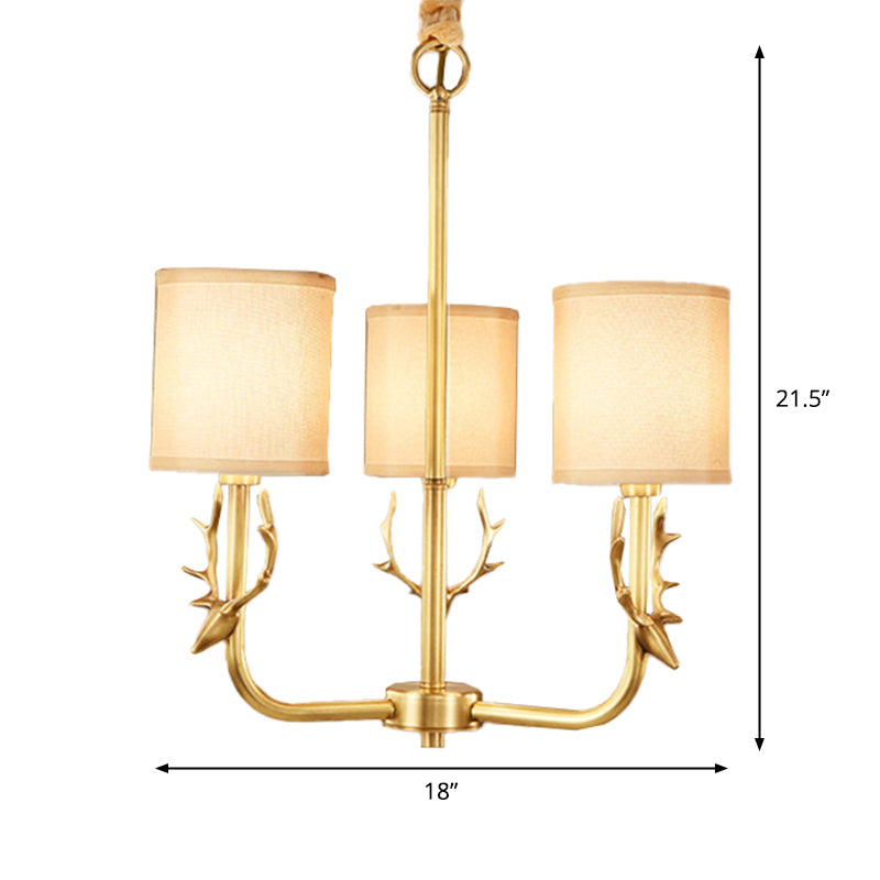 Rustic Antler Hanging Ceiling Light 3/6/8 Bulbs Metal Chandelier in Gold with Cylindrical Fabric Shade Clearhalo 'Ceiling Lights' 'Chandeliers' Lighting' options 1982964