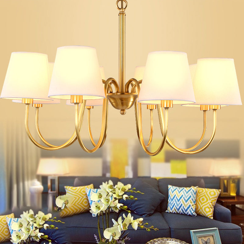 3/6/8 Lights Swooping Curve Chandelier Traditional Gold Metal Pendant Lamp with Tapered Fabric Shade Clearhalo 'Ceiling Lights' 'Chandeliers' Lighting' options 1982965