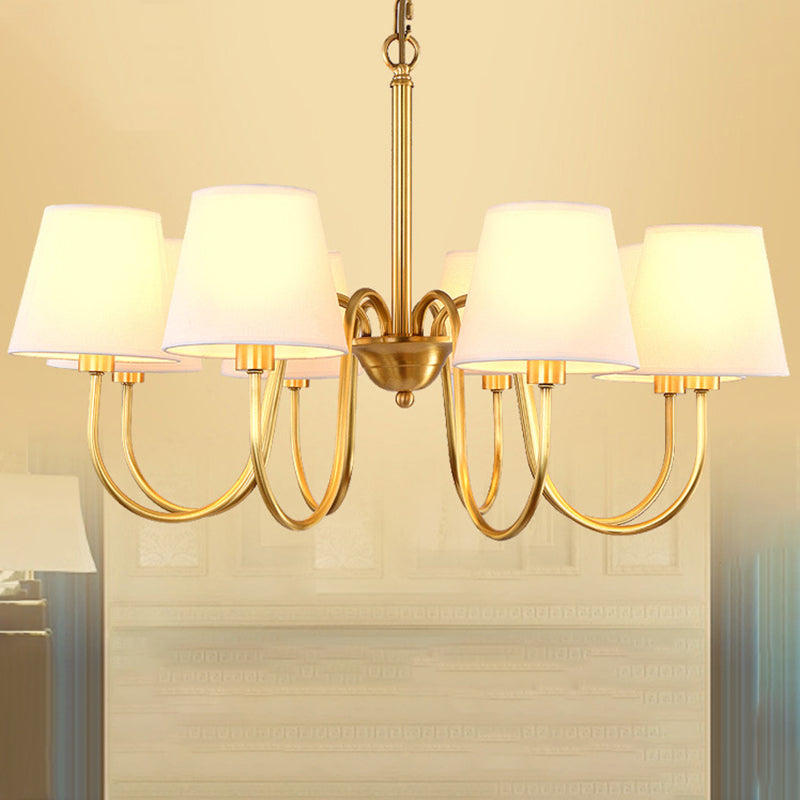 3/6/8 Lights Swooping Curve Chandelier Traditional Gold Metal Pendant Lamp with Tapered Fabric Shade Clearhalo 'Ceiling Lights' 'Chandeliers' Lighting' options 1982966