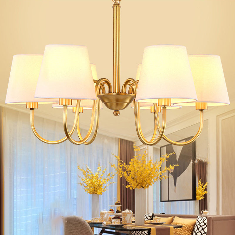 3/6/8 Lights Swooping Curve Chandelier Traditional Gold Metal Pendant Lamp with Tapered Fabric Shade Clearhalo 'Ceiling Lights' 'Chandeliers' Lighting' options 1982970