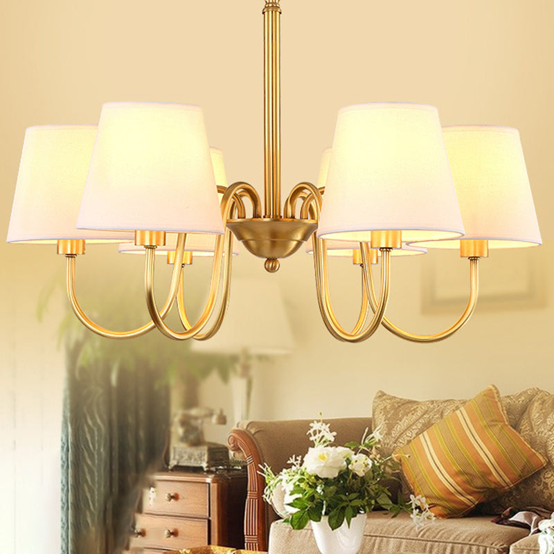 3/6/8 Lights Swooping Curve Chandelier Traditional Gold Metal Pendant Lamp with Tapered Fabric Shade Clearhalo 'Ceiling Lights' 'Chandeliers' Lighting' options 1982971