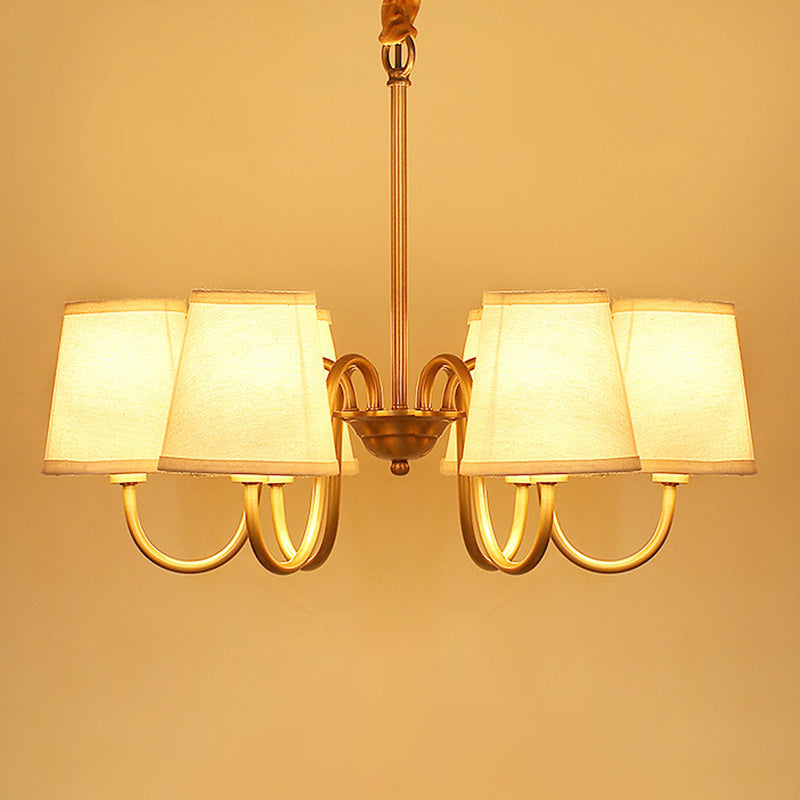 3/6/8 Lights Swooping Curve Chandelier Traditional Gold Metal Pendant Lamp with Tapered Fabric Shade Clearhalo 'Ceiling Lights' 'Chandeliers' Lighting' options 1982972