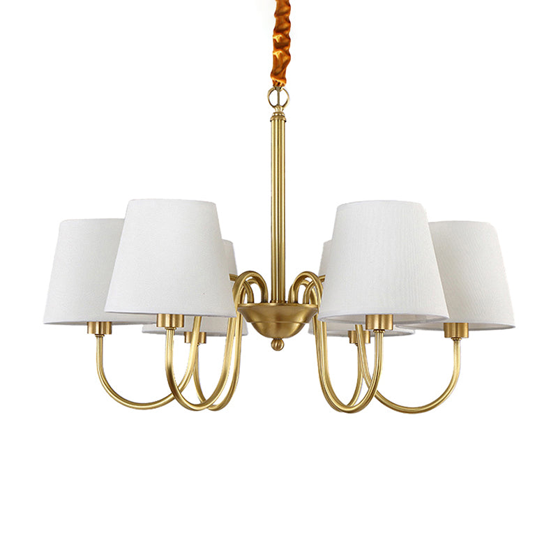 3/6/8 Lights Swooping Curve Chandelier Traditional Gold Metal Pendant Lamp with Tapered Fabric Shade Clearhalo 'Ceiling Lights' 'Chandeliers' Lighting' options 1982973