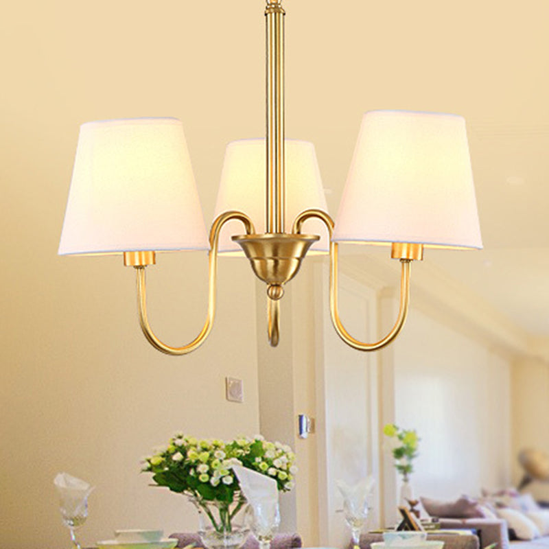 3/6/8 Lights Swooping Curve Chandelier Traditional Gold Metal Pendant Lamp with Tapered Fabric Shade Clearhalo 'Ceiling Lights' 'Chandeliers' Lighting' options 1982976