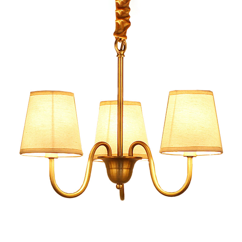 3/6/8 Lights Swooping Curve Chandelier Traditional Gold Metal Pendant Lamp with Tapered Fabric Shade Clearhalo 'Ceiling Lights' 'Chandeliers' Lighting' options 1982978