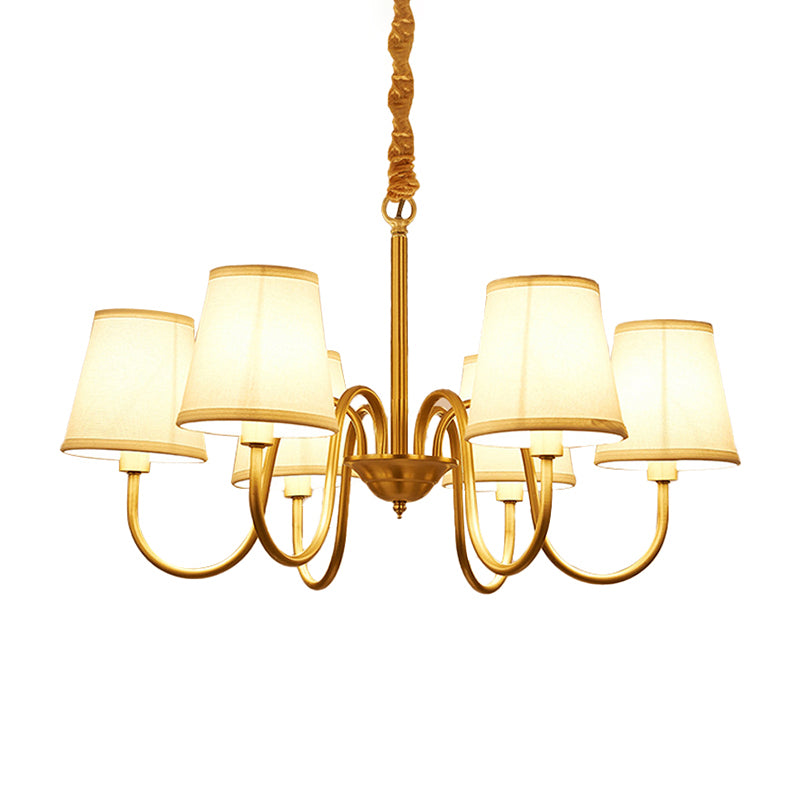 Conical Living Room Hanging Lamp Traditional Fabric 5/6/8-Light Gold Chandelier with Swoop Arm 6 Gold Clearhalo 'Ceiling Lights' 'Chandeliers' Lighting' options 1982980_9efac242-8a07-4523-bfaa-e8eed3009484