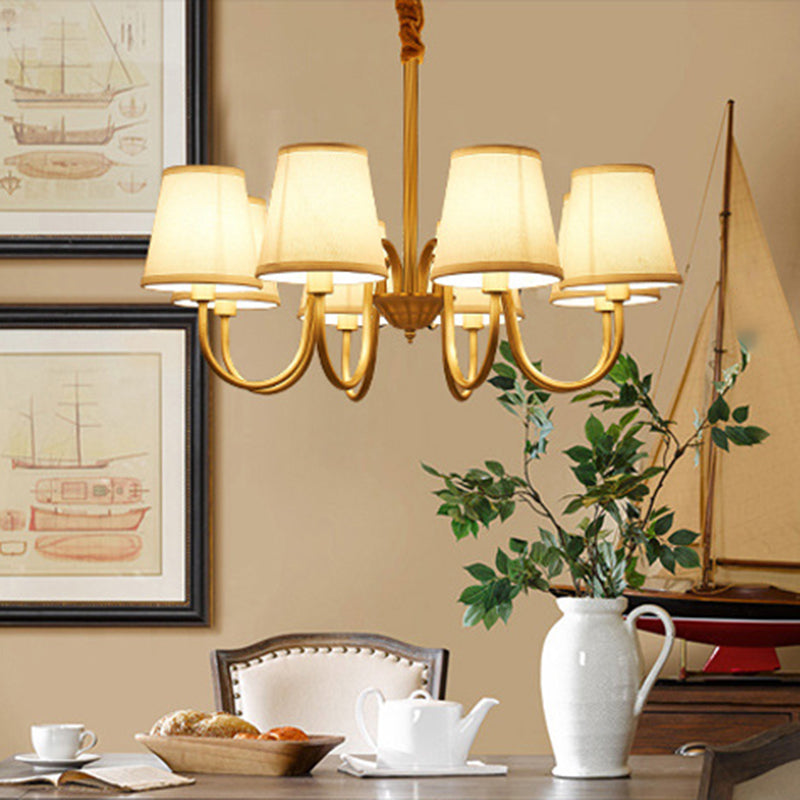 Conical Living Room Hanging Lamp Traditional Fabric 5/6/8-Light Gold Chandelier with Swoop Arm 8 Gold Clearhalo 'Ceiling Lights' 'Chandeliers' Lighting' options 1982987_ff46f556-63a9-4f2c-b65b-7a51c684f8b8