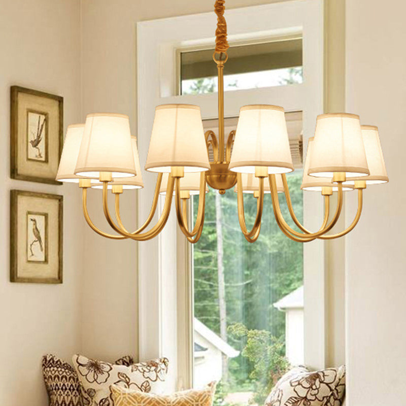 Conical Living Room Hanging Lamp Traditional Fabric 5/6/8-Light Gold Chandelier with Swoop Arm 10 Gold Clearhalo 'Ceiling Lights' 'Chandeliers' Lighting' options 1982992_ab5e09cf-9c70-4873-ab07-7e82f888e5ee