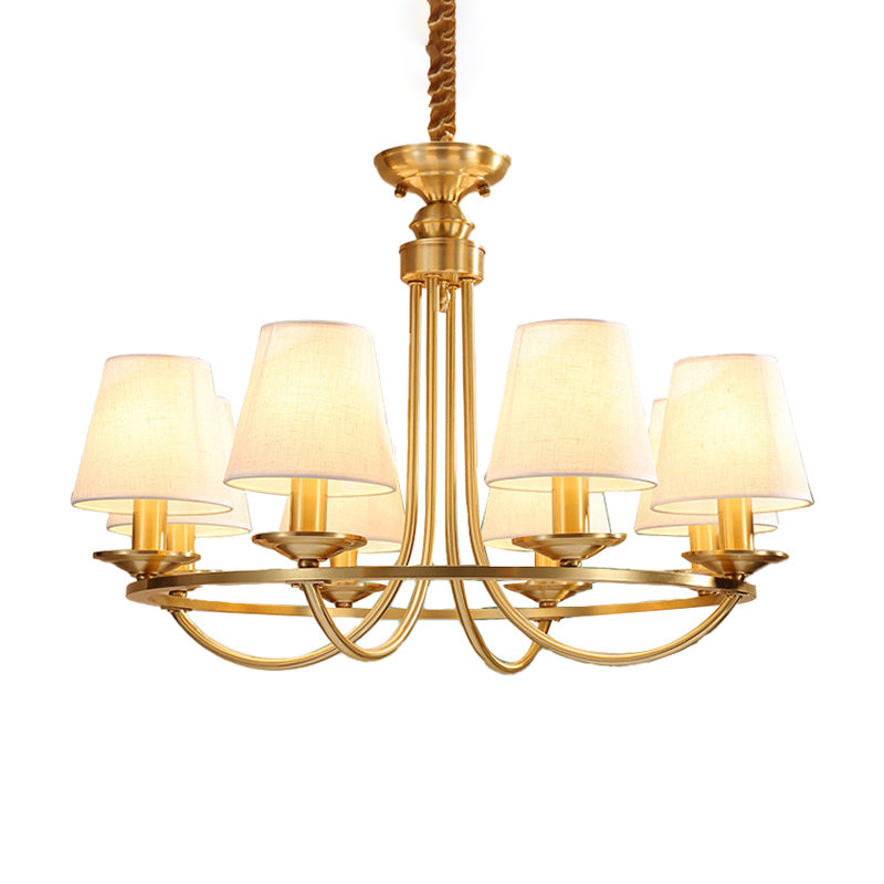 Gold Swooping Arm Chandelier Colonial Metal 4/8/10 Heads Living Room Drop Lamp with Cone Fabric Shade Clearhalo 'Ceiling Lights' 'Chandeliers' Lighting' options 1982995