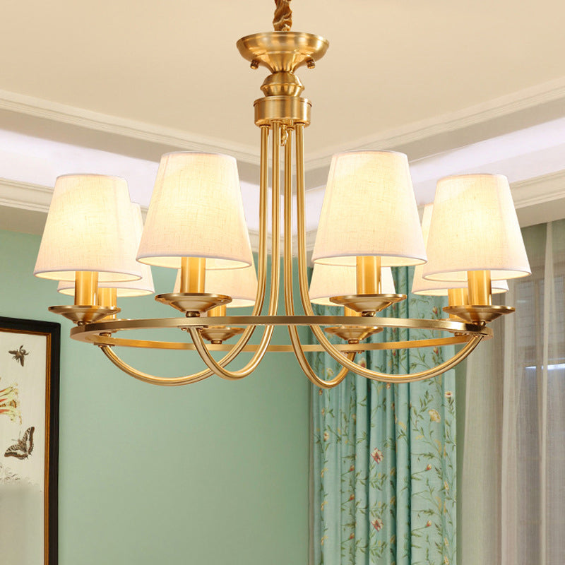 Gold Swooping Arm Chandelier Colonial Metal 4/8/10 Heads Living Room Drop Lamp with Cone Fabric Shade Clearhalo 'Ceiling Lights' 'Chandeliers' Lighting' options 1982996