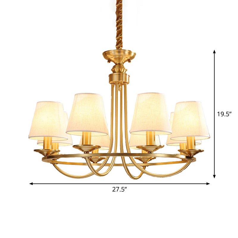 Gold Swooping Arm Chandelier Colonial Metal 4/8/10 Heads Living Room Drop Lamp with Cone Fabric Shade Clearhalo 'Ceiling Lights' 'Chandeliers' Lighting' options 1982997