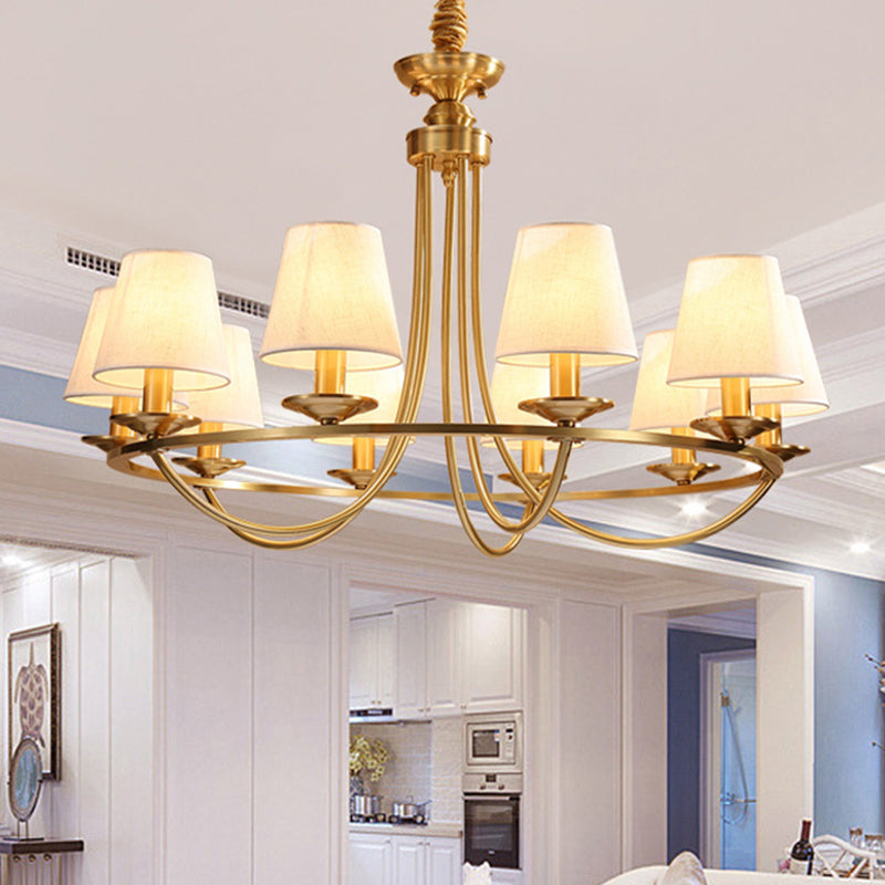 Gold Swooping Arm Chandelier Colonial Metal 4/8/10 Heads Living Room Drop Lamp with Cone Fabric Shade Clearhalo 'Ceiling Lights' 'Chandeliers' Lighting' options 1982998