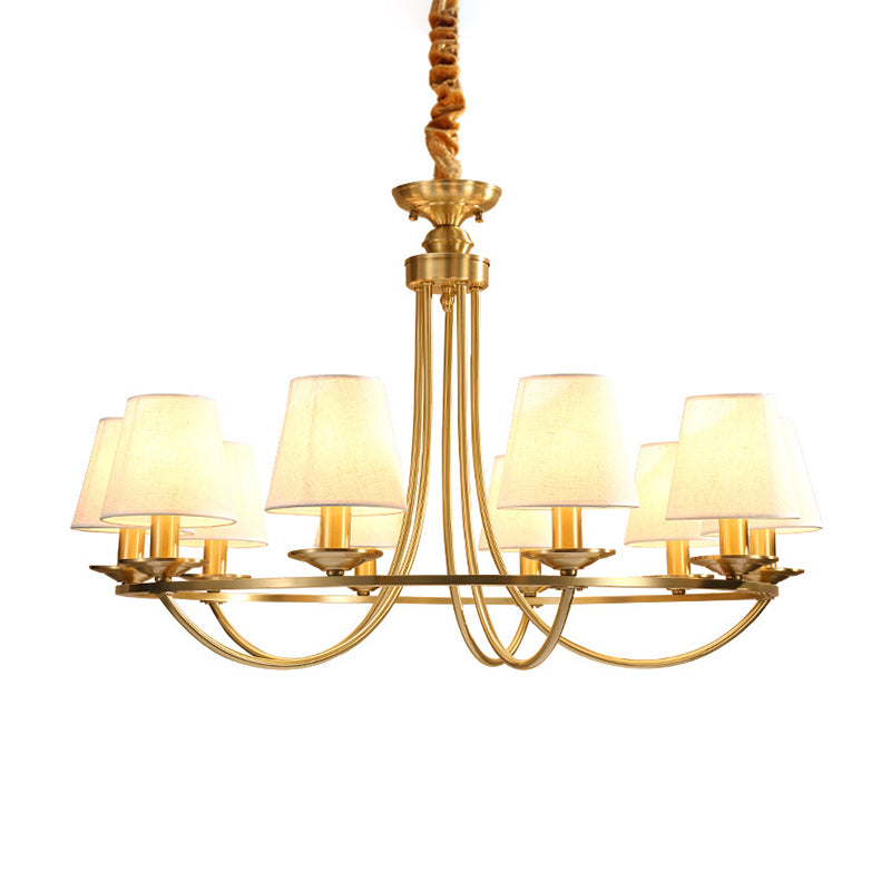 Gold Swooping Arm Chandelier Colonial Metal 4/8/10 Heads Living Room Drop Lamp with Cone Fabric Shade Clearhalo 'Ceiling Lights' 'Chandeliers' Lighting' options 1982999