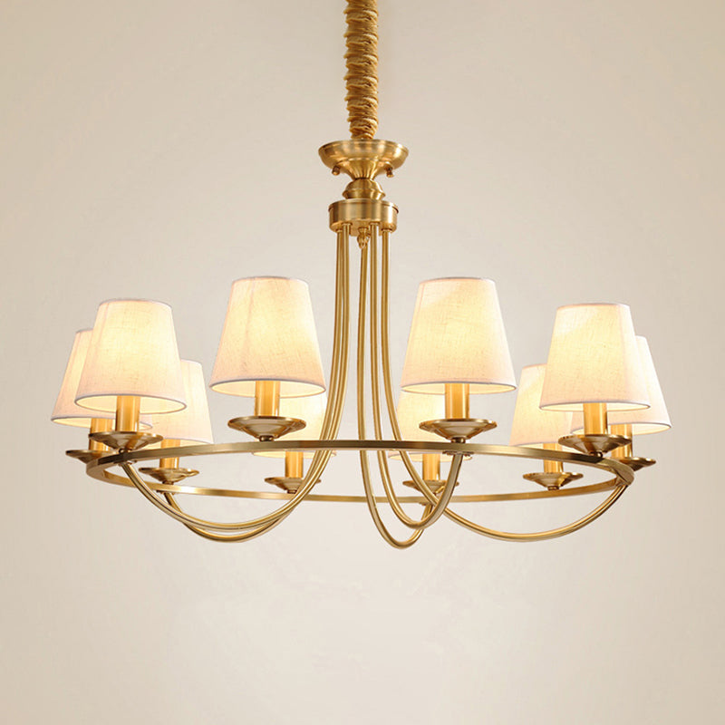 Gold Swooping Arm Chandelier Colonial Metal 4/8/10 Heads Living Room Drop Lamp with Cone Fabric Shade Clearhalo 'Ceiling Lights' 'Chandeliers' Lighting' options 1983000