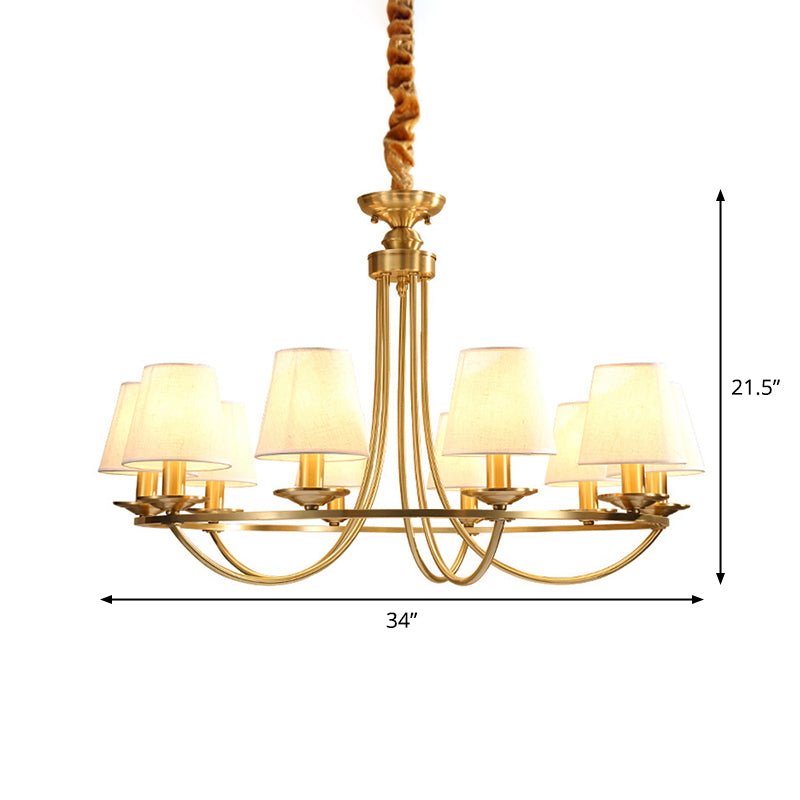 Gold Swooping Arm Chandelier Colonial Metal 4/8/10 Heads Living Room Drop Lamp with Cone Fabric Shade Clearhalo 'Ceiling Lights' 'Chandeliers' Lighting' options 1983001