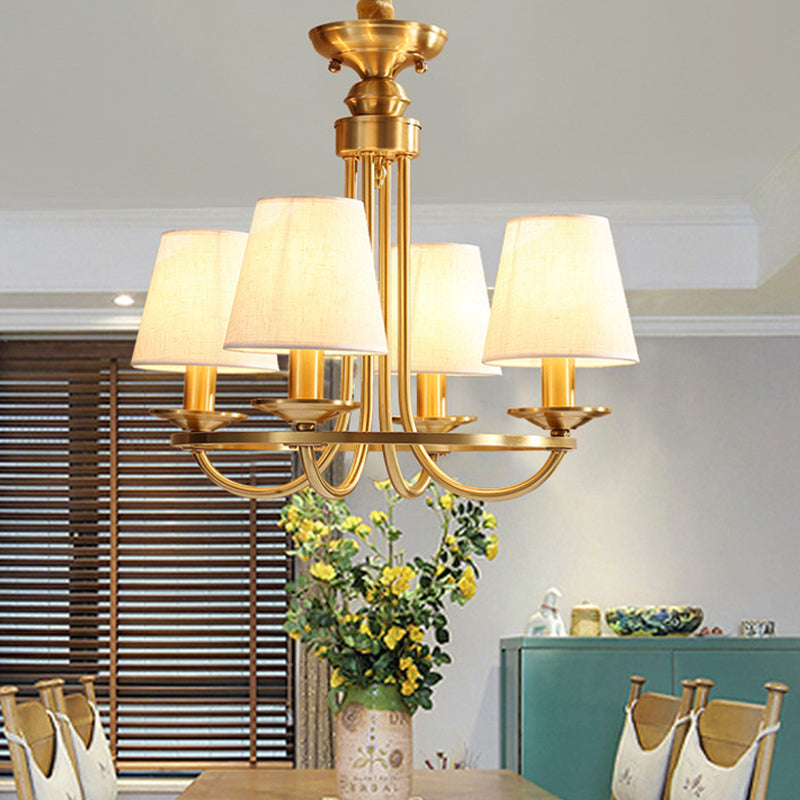 Gold Swooping Arm Chandelier Colonial Metal 4/8/10 Heads Living Room Drop Lamp with Cone Fabric Shade Clearhalo 'Ceiling Lights' 'Chandeliers' Lighting' options 1983002