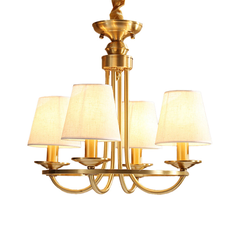 Gold Swooping Arm Chandelier Colonial Metal 4/8/10 Heads Living Room Drop Lamp with Cone Fabric Shade Clearhalo 'Ceiling Lights' 'Chandeliers' Lighting' options 1983003