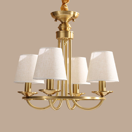 Gold Swooping Arm Chandelier Colonial Metal 4/8/10 Heads Living Room Drop Lamp with Cone Fabric Shade Clearhalo 'Ceiling Lights' 'Chandeliers' Lighting' options 1983004