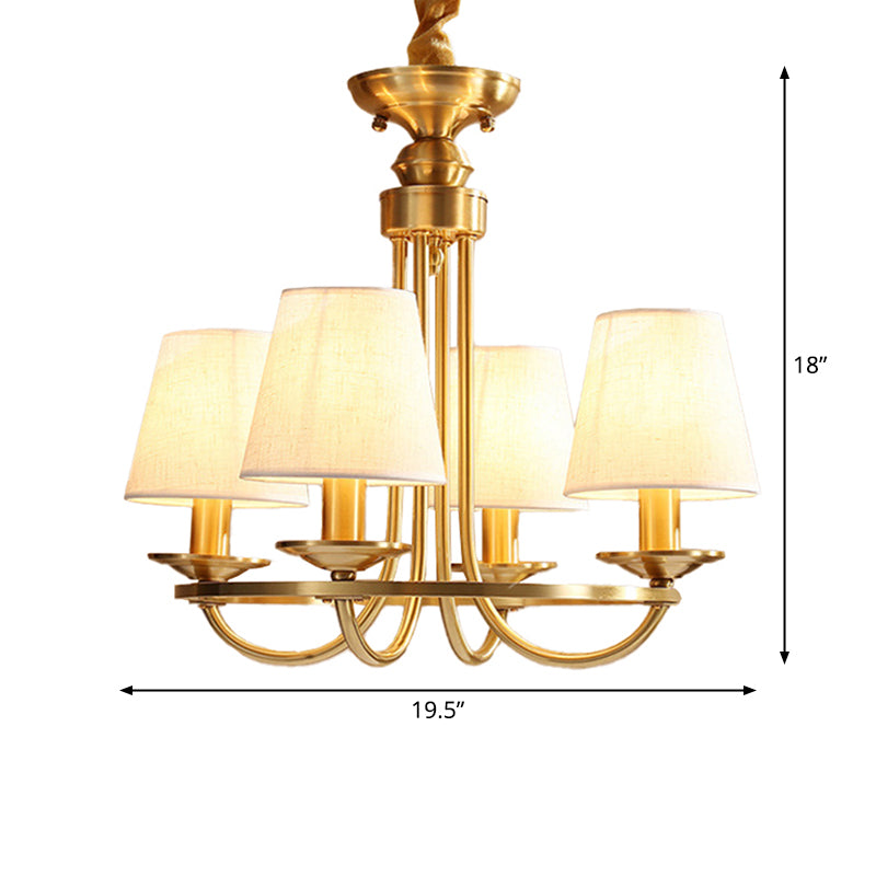 Gold Swooping Arm Chandelier Colonial Metal 4/8/10 Heads Living Room Drop Lamp with Cone Fabric Shade Clearhalo 'Ceiling Lights' 'Chandeliers' Lighting' options 1983005