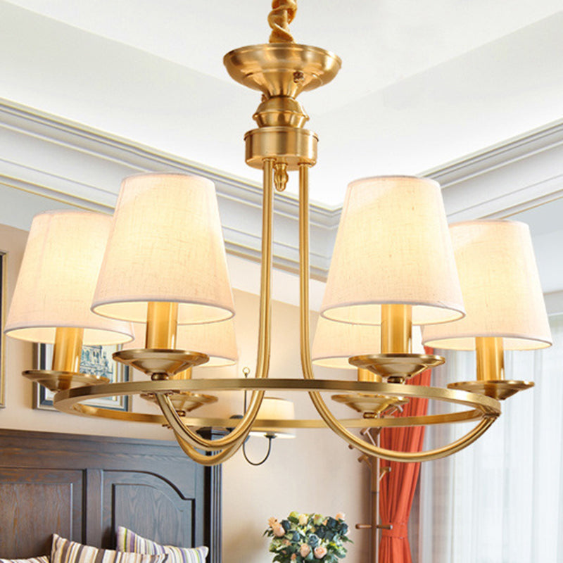 Gold Swooping Arm Chandelier Colonial Metal 4/8/10 Heads Living Room Drop Lamp with Cone Fabric Shade 6 Gold Clearhalo 'Ceiling Lights' 'Chandeliers' Lighting' options 1983006_3e9d984f-07f9-4667-ba8f-69d04905becc