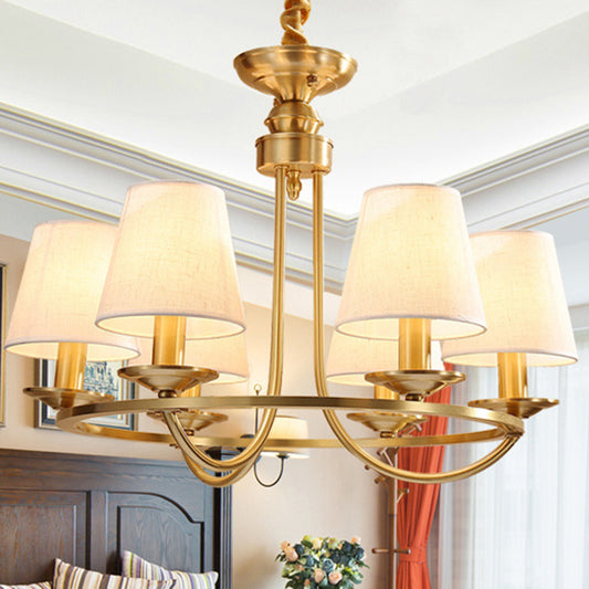 Gold Swooping Arm Chandelier Colonial Metal 4/8/10 Heads Living Room Drop Lamp with Cone Fabric Shade Clearhalo 'Ceiling Lights' 'Chandeliers' Lighting' options 1983006