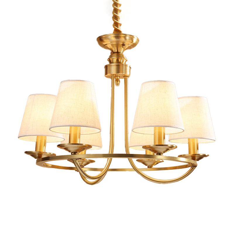 Gold Swooping Arm Chandelier Colonial Metal 4/8/10 Heads Living Room Drop Lamp with Cone Fabric Shade Clearhalo 'Ceiling Lights' 'Chandeliers' Lighting' options 1983007