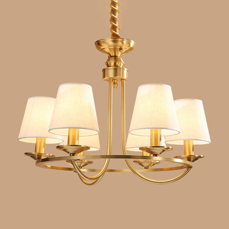 Gold Swooping Arm Chandelier Colonial Metal 4/8/10 Heads Living Room Drop Lamp with Cone Fabric Shade Clearhalo 'Ceiling Lights' 'Chandeliers' Lighting' options 1983008