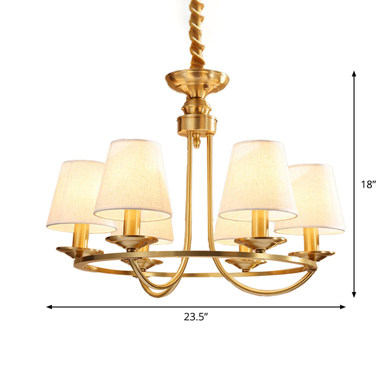 Gold Swooping Arm Chandelier Colonial Metal 4/8/10 Heads Living Room Drop Lamp with Cone Fabric Shade Clearhalo 'Ceiling Lights' 'Chandeliers' Lighting' options 1983009