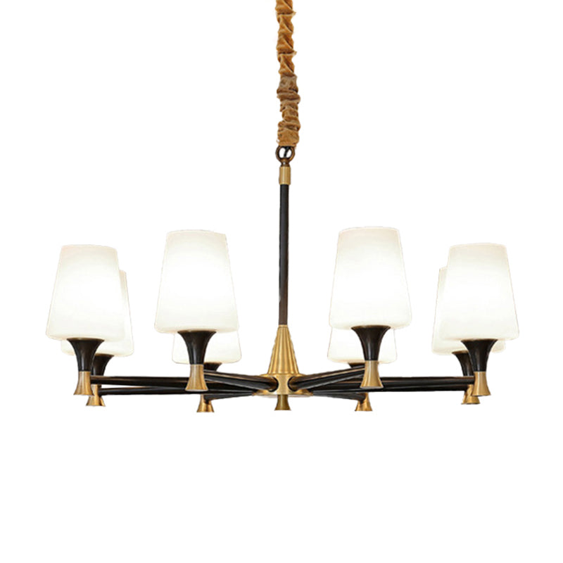 Conic Bedroom Ceiling Hang Light Fabric/White Glass 6/8-Light Modern Chandelier in Black and Gold Clearhalo 'Ceiling Lights' 'Chandeliers' 'Modern Chandeliers' 'Modern' Lighting' 1983051