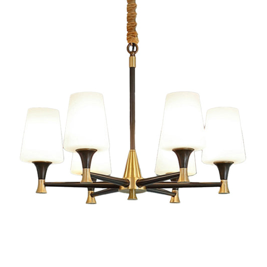 Conic Bedroom Ceiling Hang Light Fabric/White Glass 6/8-Light Modern Chandelier in Black and Gold Clearhalo 'Ceiling Lights' 'Chandeliers' 'Modern Chandeliers' 'Modern' Lighting' 1983054