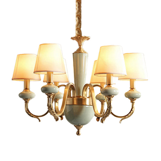 6 Heads Fabric Chandelier Country Gold Conical Dining Room Suspension Light with Ceramic Accent Clearhalo 'Ceiling Lights' 'Chandeliers' Lighting' options 1983070