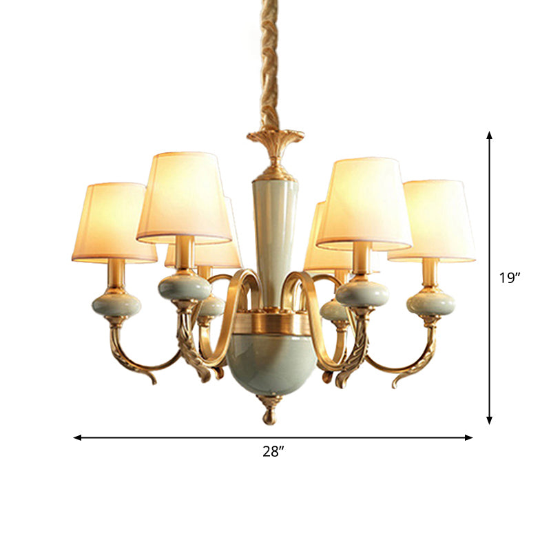 6 Heads Fabric Chandelier Country Gold Conical Dining Room Suspension Light with Ceramic Accent Clearhalo 'Ceiling Lights' 'Chandeliers' Lighting' options 1983072